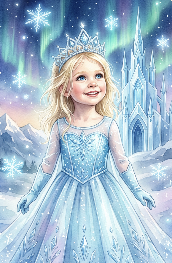 Real Kidavio Hero Poster: a girl as an ice princess in front of a crystal castle under the northern lights