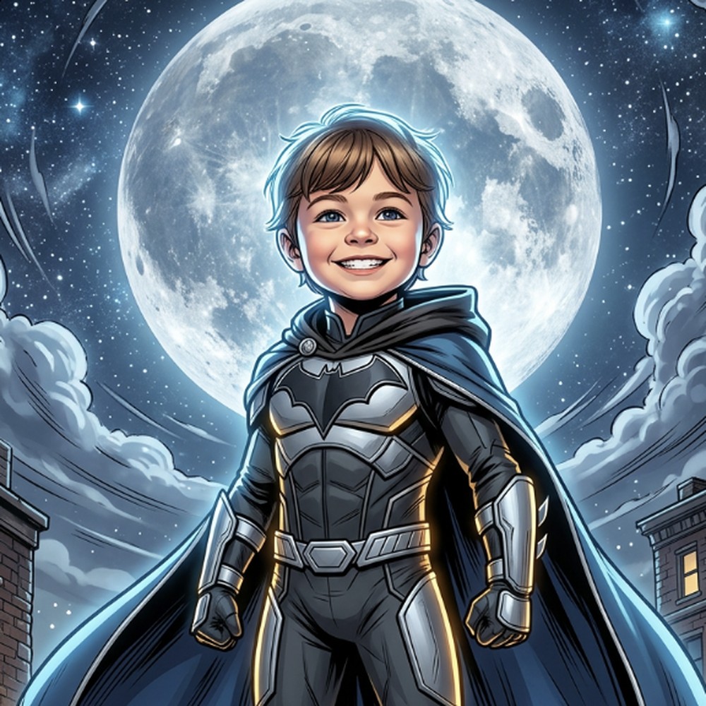 AI-generated hero illustration of the same child as a caped night guardian, preserving his exact likeness