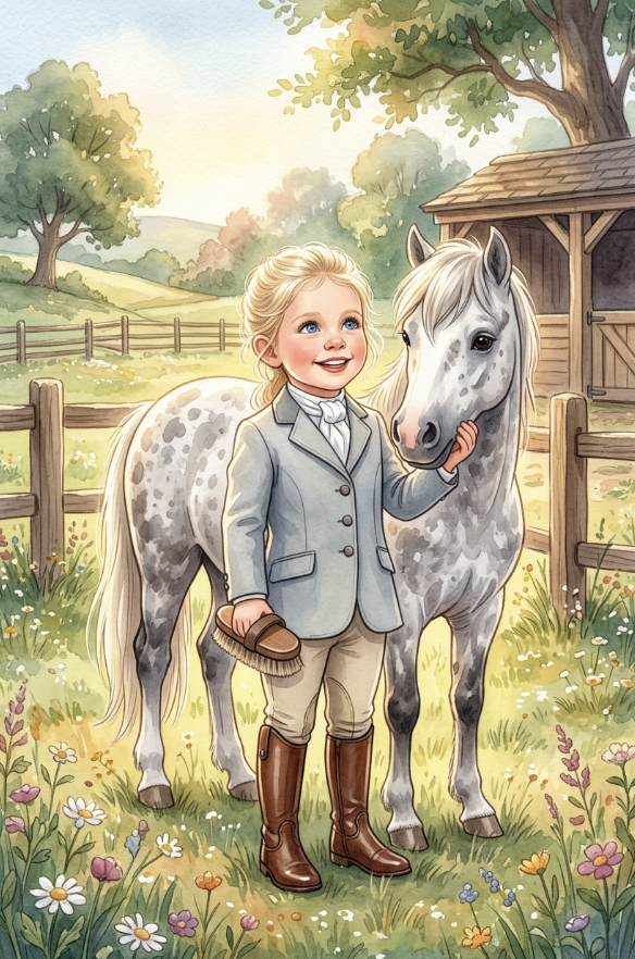 Real Kidavio Hero Poster: a child in riding clothes standing beside a grey pony in a sunlit meadow